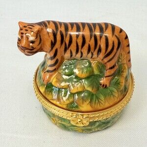 CBK LTD Multicolor Tiger Figurine Ceramic Hand Painted Hinged Lid Trinket Box